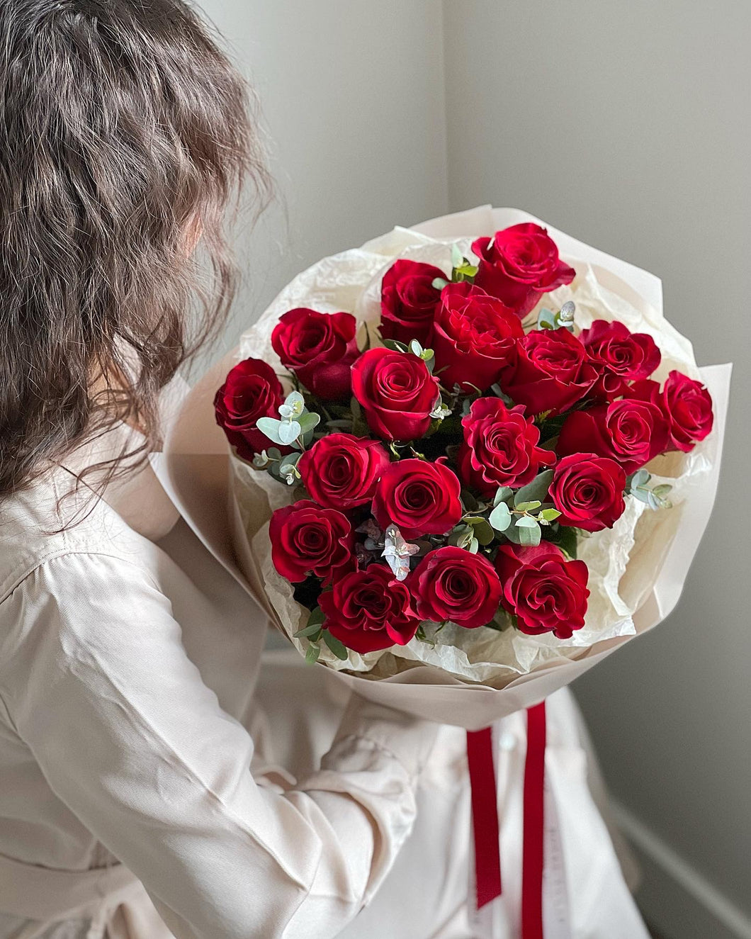 Red roses with eucalyptus